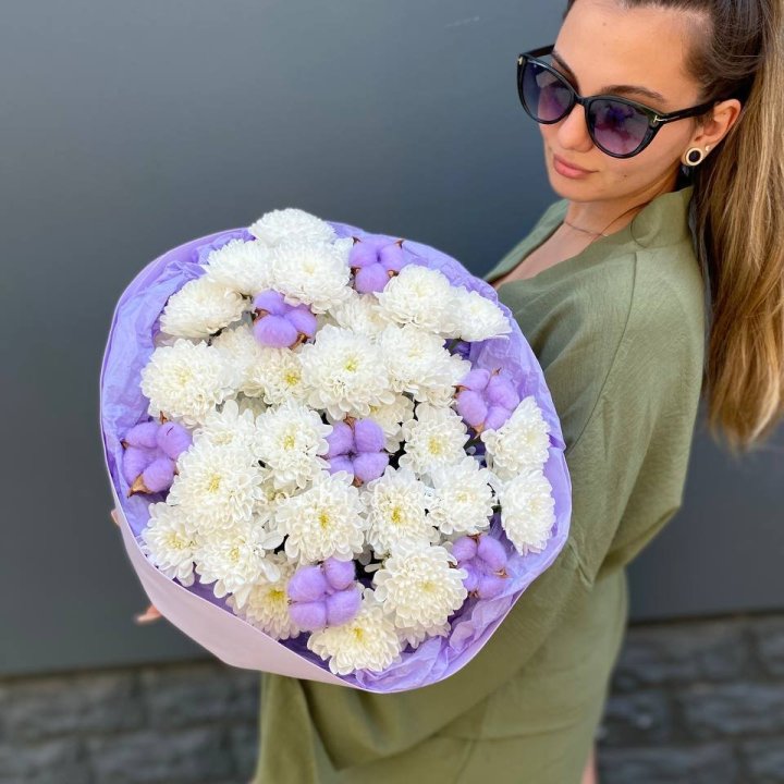  Букет  хризантем и хлопка в Прокопьевске